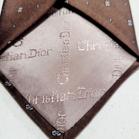 Christian Dior Designer Italian Silk Necktie Brown White Orchid Classic Tie NWOT - Picture 5 of 6